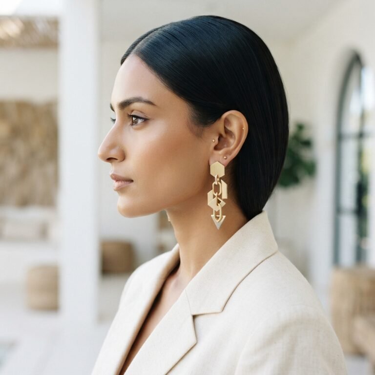 Home model wearing gold drop earrings 202608040258